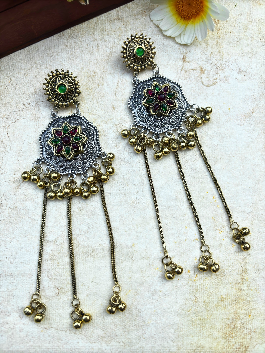 Oxidised Dual Tone Long Earrings