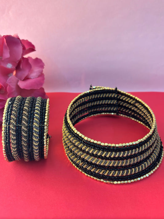VIVAZS Gold-Plated Beaded Afghan Layered Necklace with Bracelet (Black)