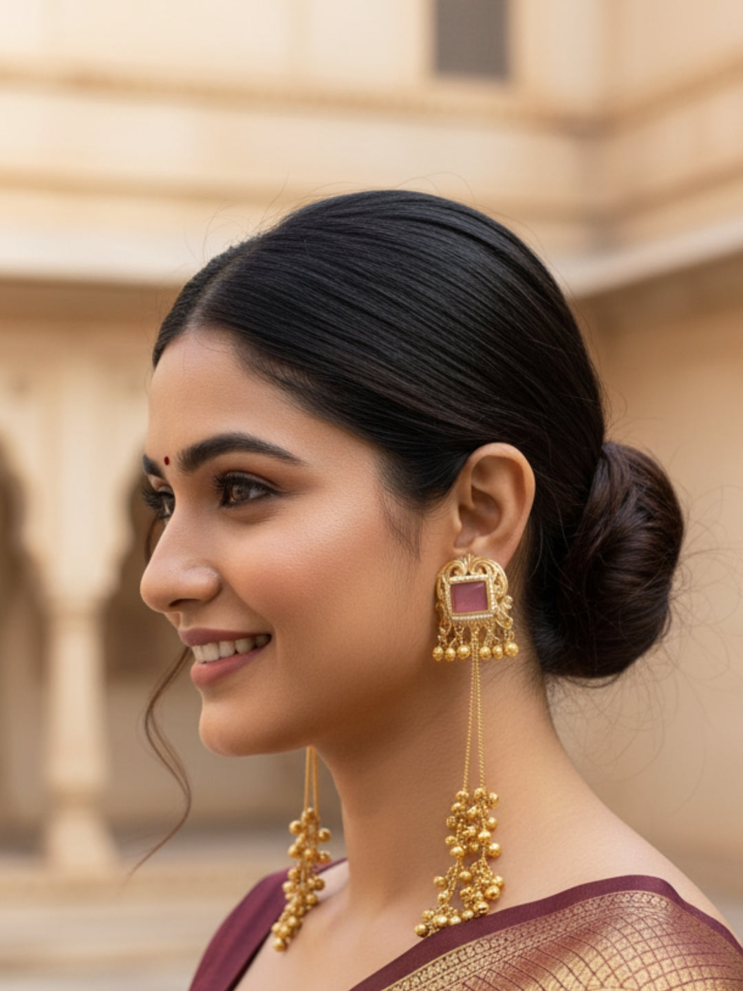 VIVAZS Kashmiri Long Drop Earrings(Pink)