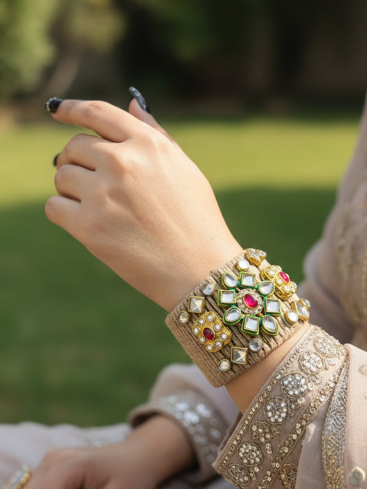 VIVAZS Golden and Red Kundan Adjustable Jute Bracelet
