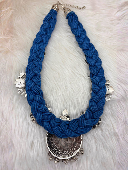 German Silver Floral Charm Statement Bohemian Meenakari Blue Jute Necklace