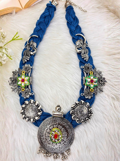 German Silver Floral Charm Statement Bohemian Meenakari Blue Jute Necklace