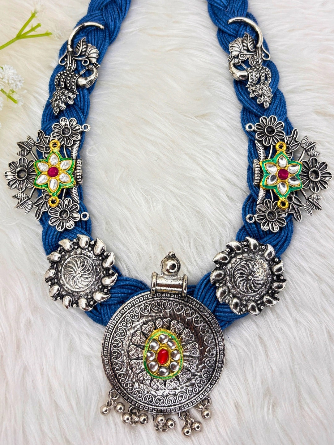 German Silver Floral Charm Statement Bohemian Meenakari Blue Jute Necklace