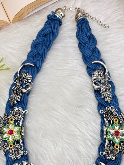 German Silver Floral Charm Statement Bohemian Meenakari Blue Jute Necklace