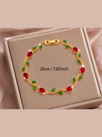 Gold-Plated Red & Green Stone Studded Waterproof & Anti-Tarnish Bracelet Tulip Bracelet