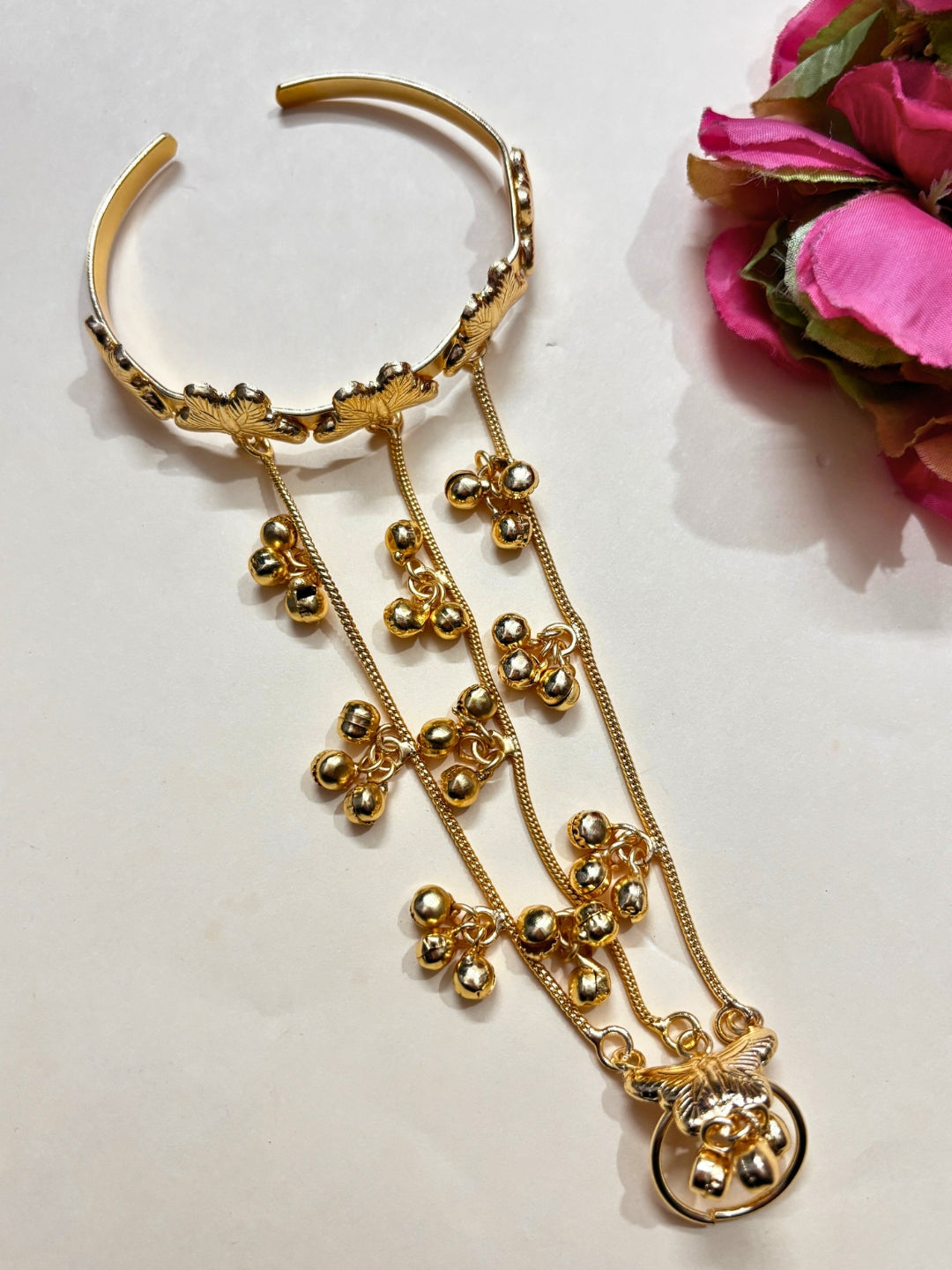Gold-Plated Handcrafted Butterfly Finger Ring Hathphool Bracelet