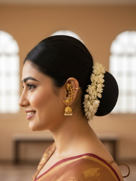 VIVAZS Gold Plated Peacock Earcuff Shaped Jhumkas Earrings