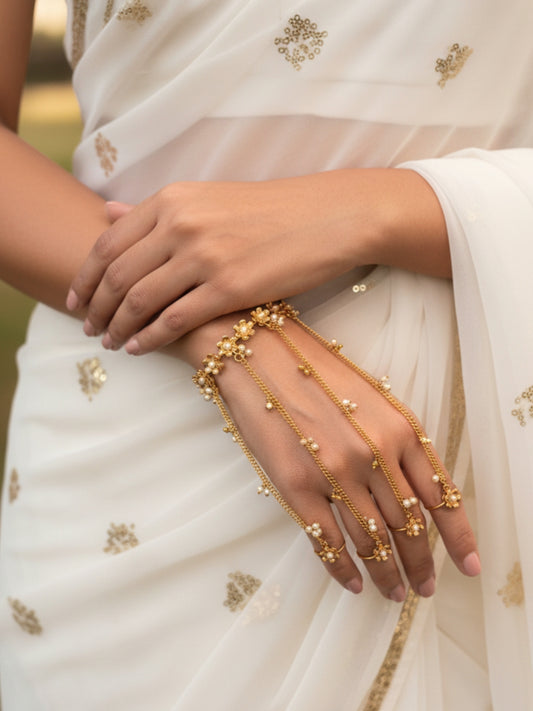 VIVAZS Gold-Plated Ring Bracelet With Hathphool (One Hand Only)