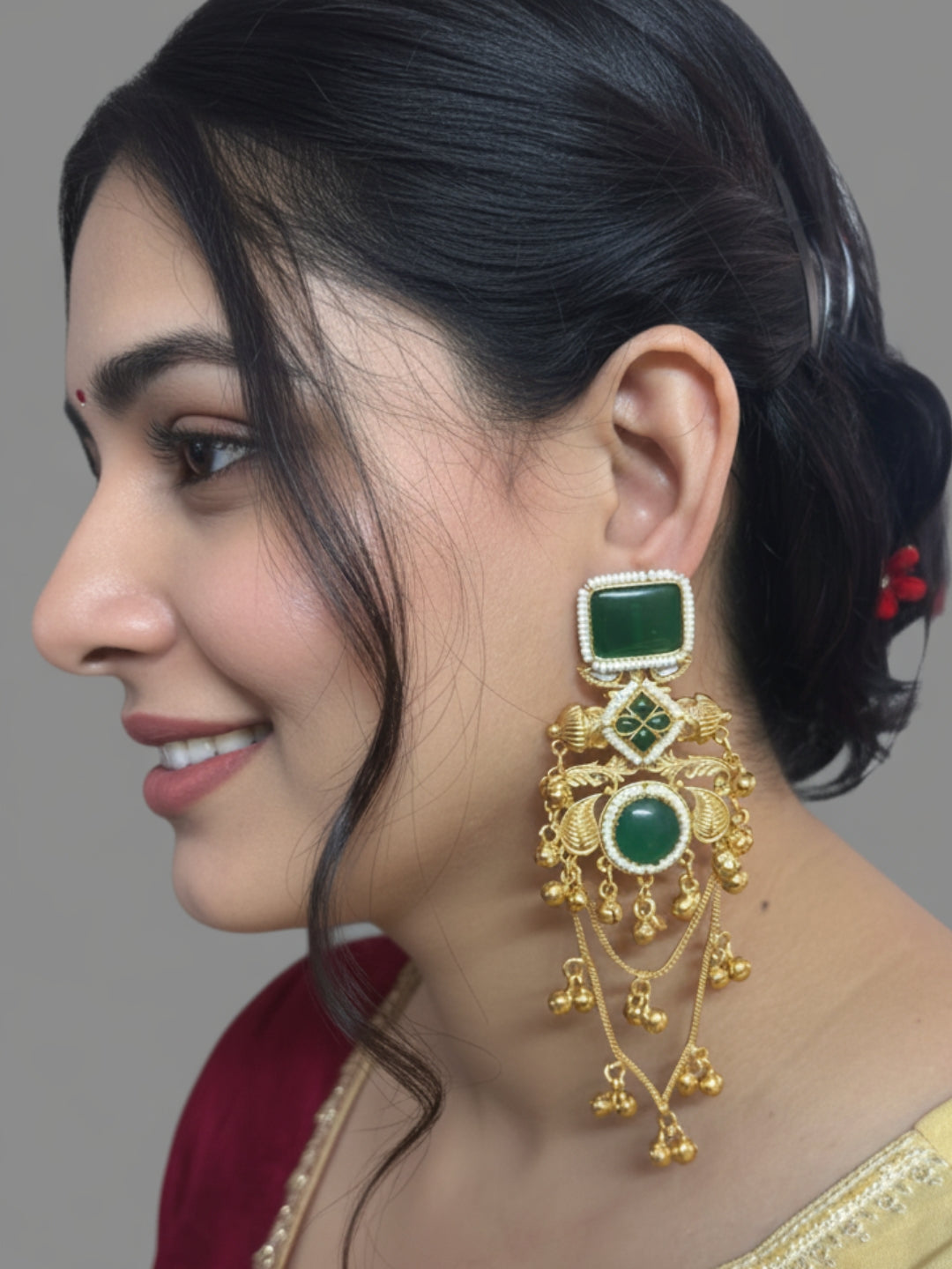 VIVAZS Kashmiri Long Drop Earrings (Green)