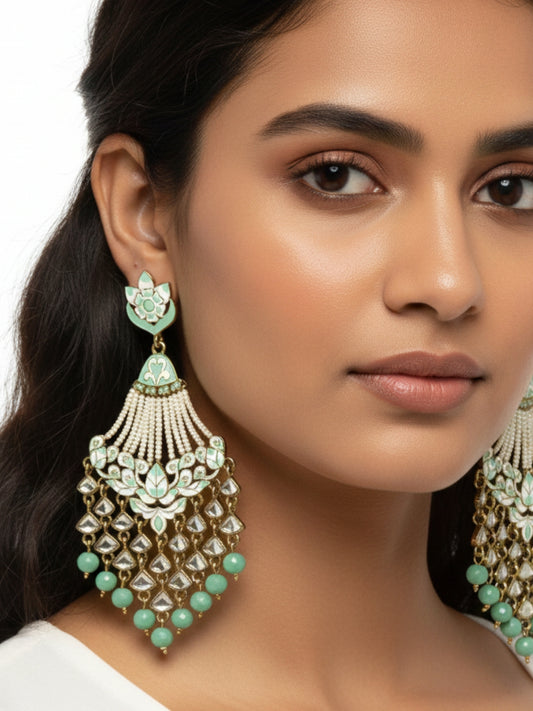 Gold-Toned & Sea Green Contemporary Drop Earrings