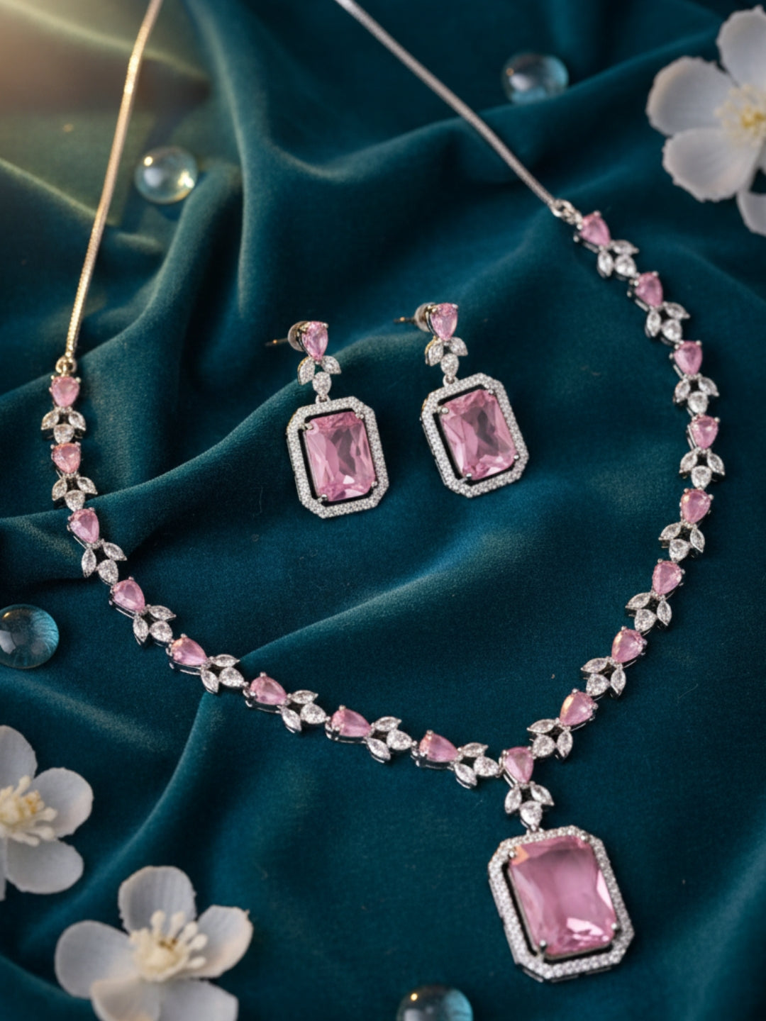Rhodium-Plated White and Pink Ad & Cubic Zirconia Studded Premium Necklace Jewellery Set