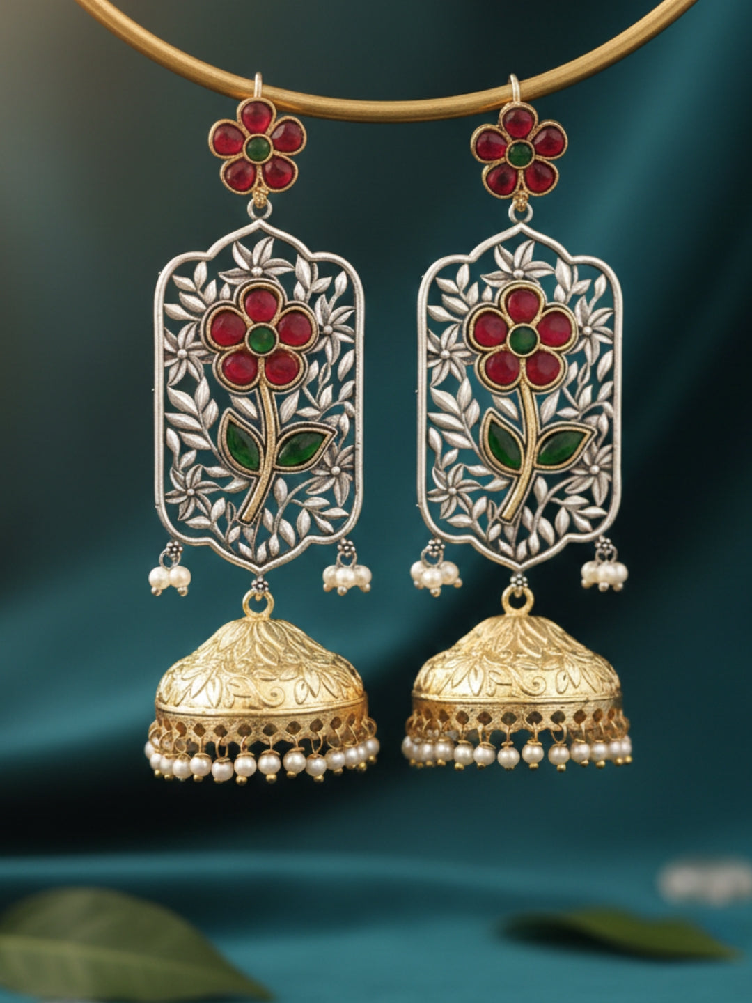 Silver-Plated Artificial Stones Studded And Beaded Contemporary Drop Earrings
