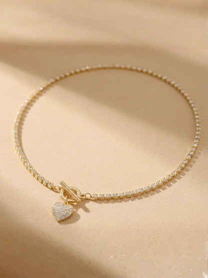 Necklace AD-Studded Heart Charm with T-Lock