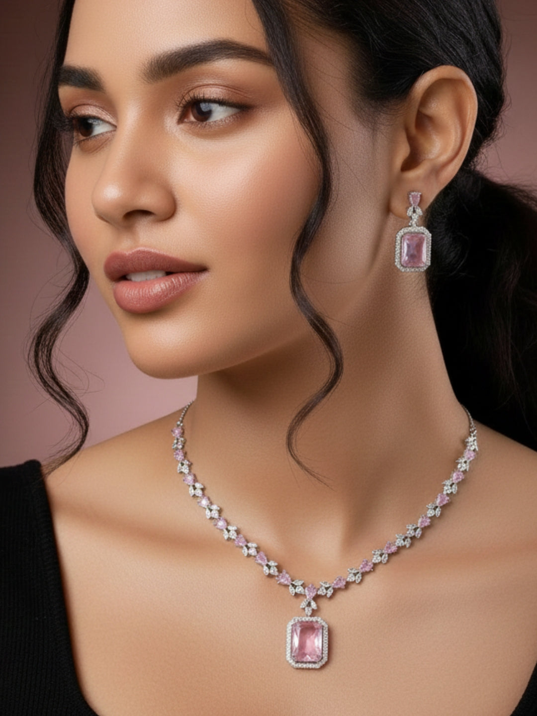 Rhodium-Plated White and Pink Ad & Cubic Zirconia Studded Premium Necklace Jewellery Set