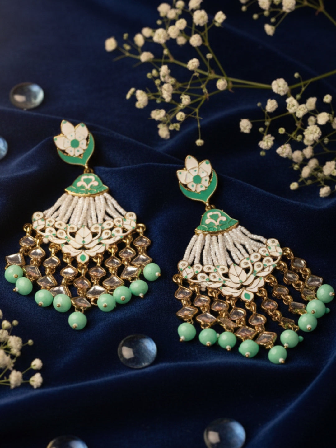 Gold-Toned & Sea Green Contemporary Drop Earrings