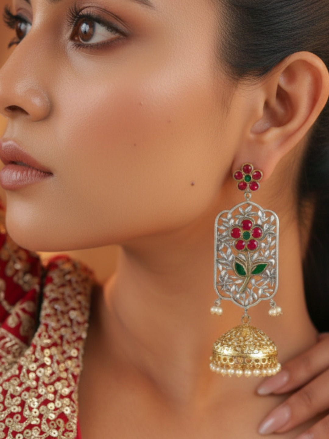 Silver-Plated Artificial Stones Studded And Beaded Contemporary Drop Earrings