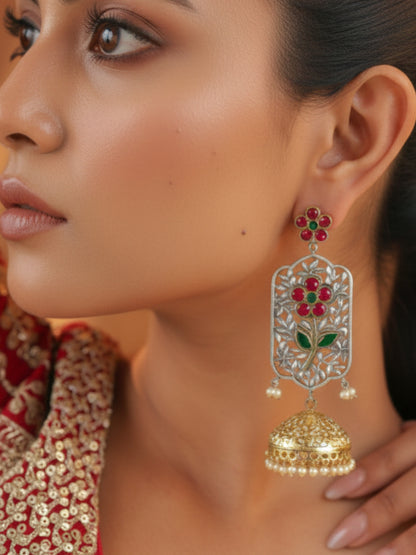 Silver-Plated Artificial Stones Studded And Beaded Contemporary Drop Earrings