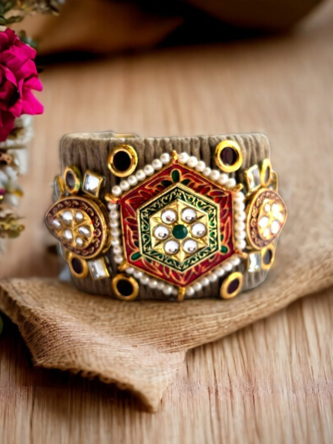 VIVAZS Golden ,Green and Red Kundan Adjustable Jute Bracelet