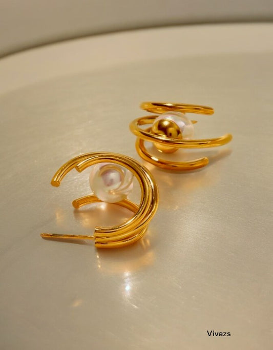 VIVAZS 18K PVD Gold Plated Hoop Earrings with Pearl