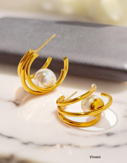 VIVAZS 18K PVD Gold Plated Hoop Earrings with Pearl