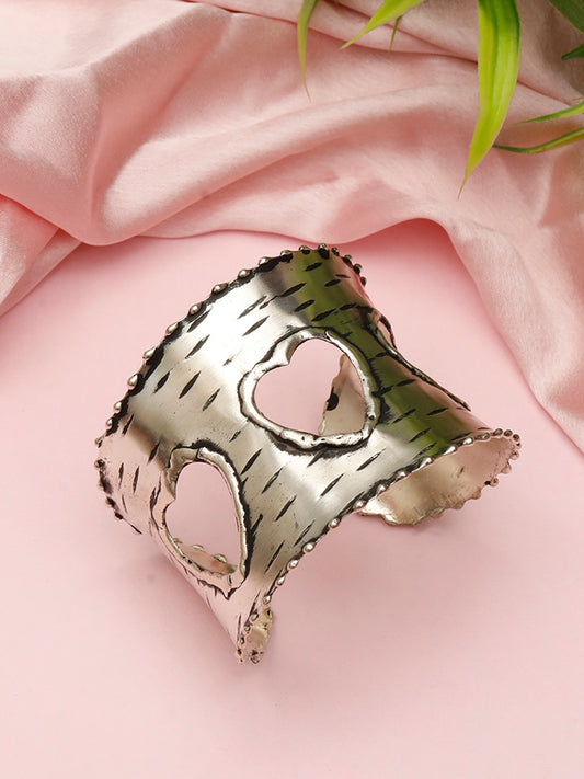 VIVAZS Women Silver-Plated Heart Shaped Oxidised Cuff Bracelet/Handcuff
