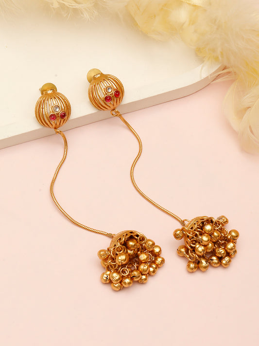 VIVAZS Rose Gold-Plated Stones Studded & Beaded Dome-Shaped Jhumkas