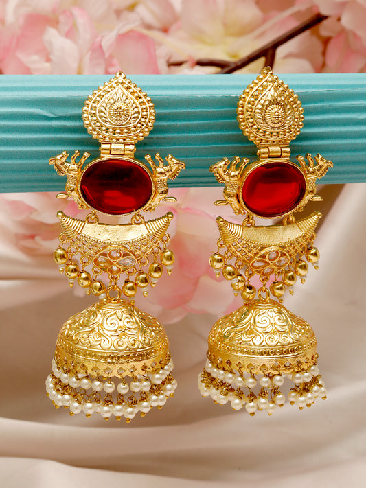 VIVAZS Gold-Plated Stones Studded & Beaded Dome-Shaped Jhumkas