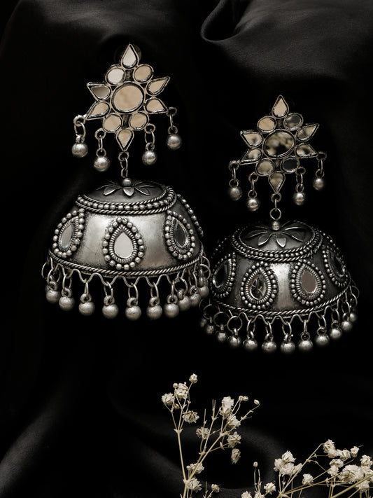 VIVAZS Women Oxidized Silver Plated mirror Contemporary Jhumkas Earring