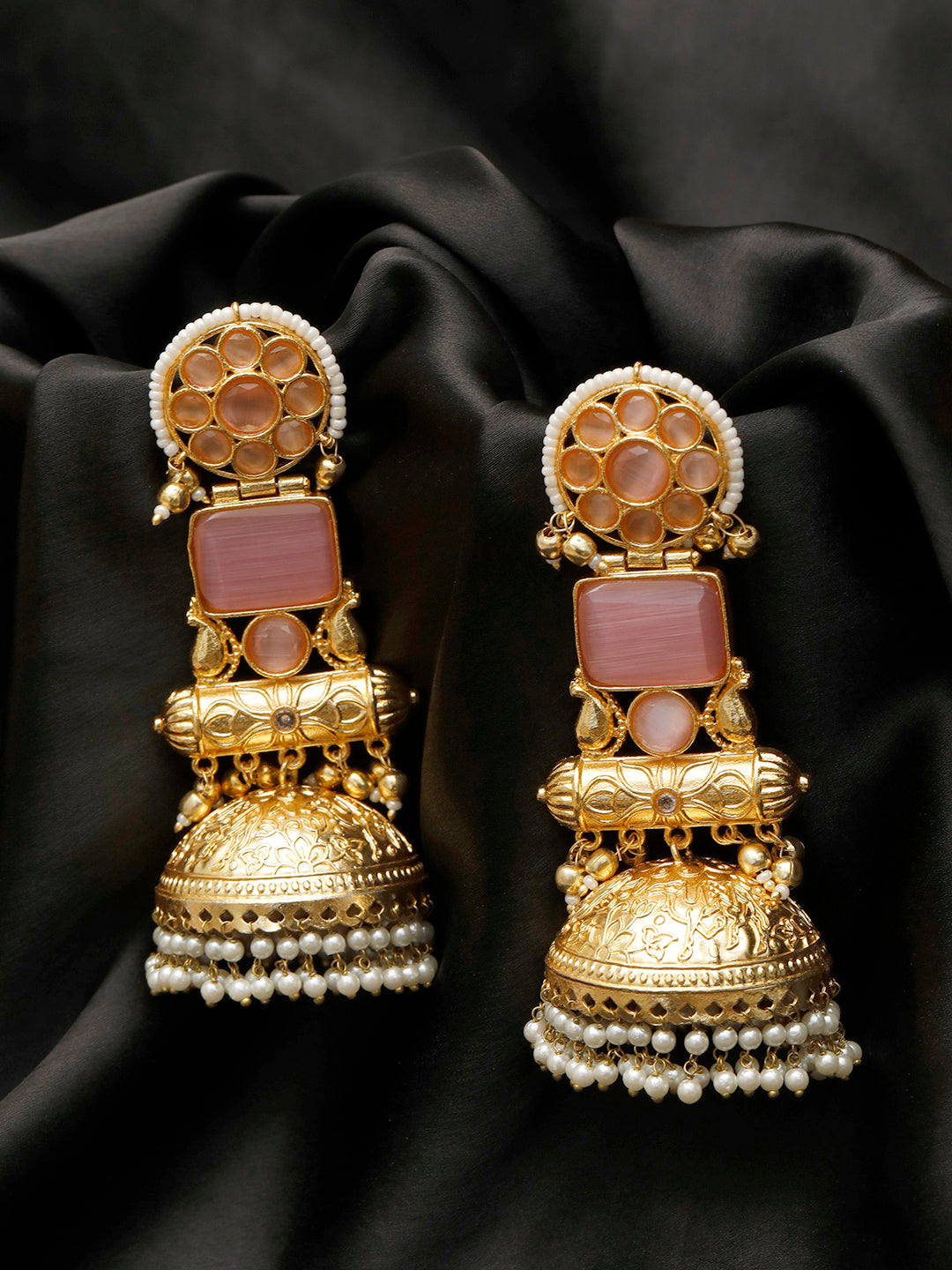 VIVAZS Handmade Gold Plated Long Pink Jhumka Earrings | Contemporary
