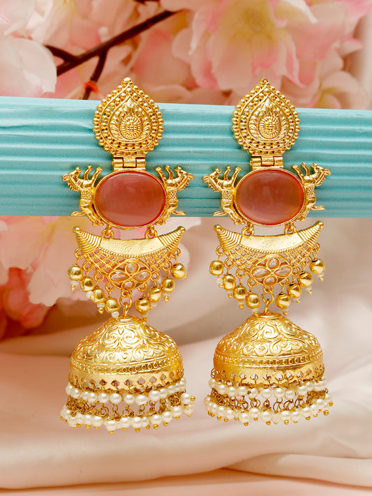 VIVAZS Pink Gold-Plated Stones Studded & Beaded Dome-Shaped Jhumkas