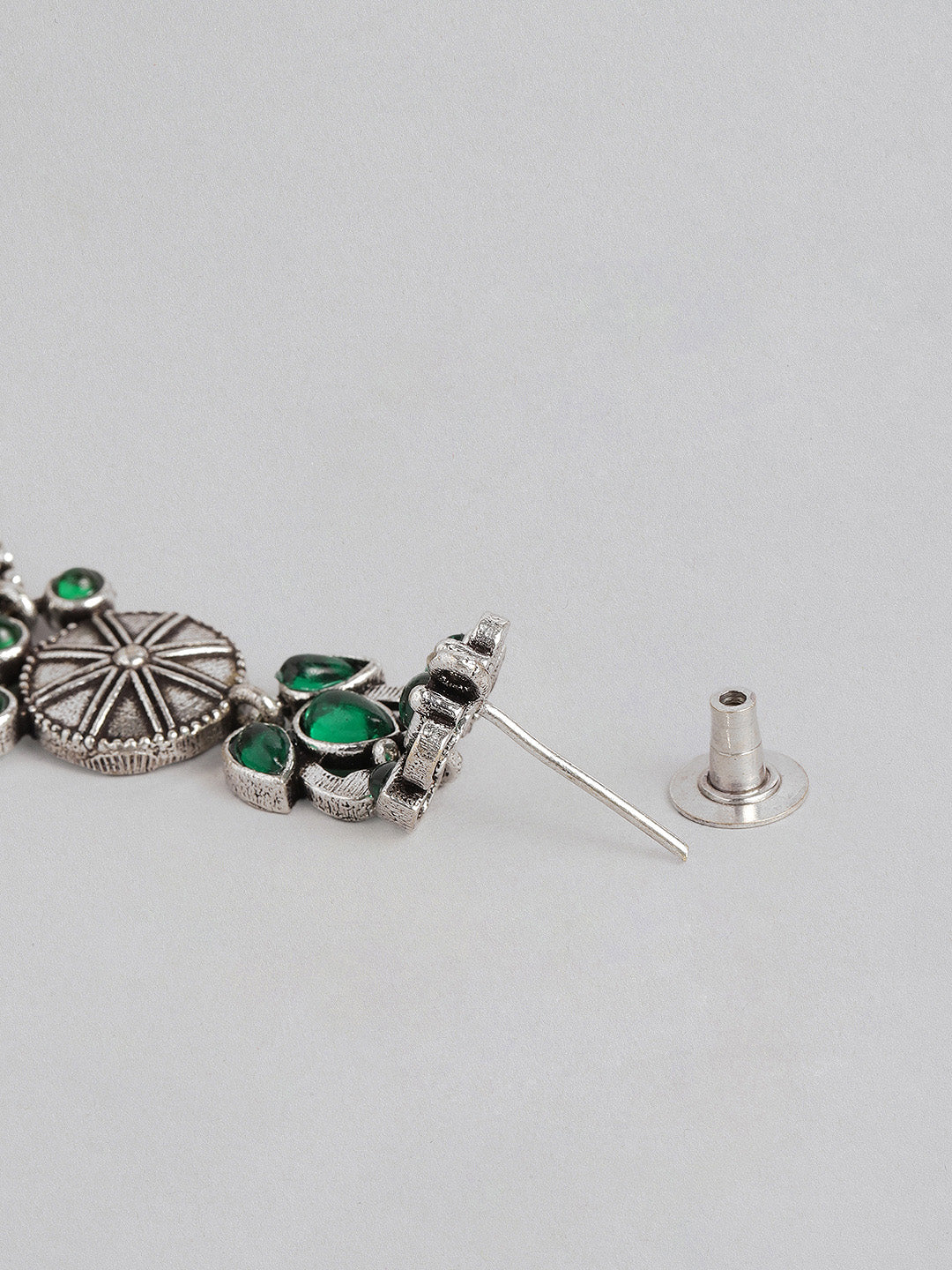 VIVAZS Green Contemporary Silver-Plated Jhumka Earrings