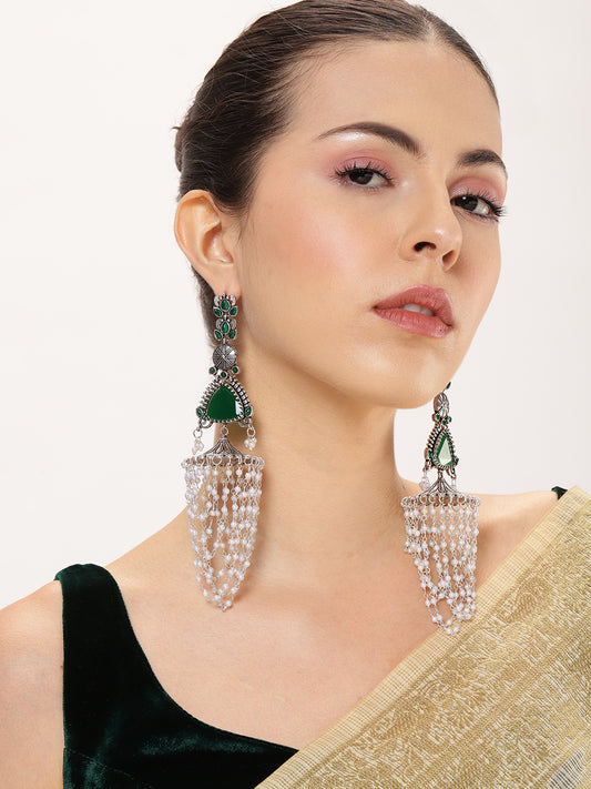 VIVAZS Green Contemporary Silver-Plated Jhumka Earrings