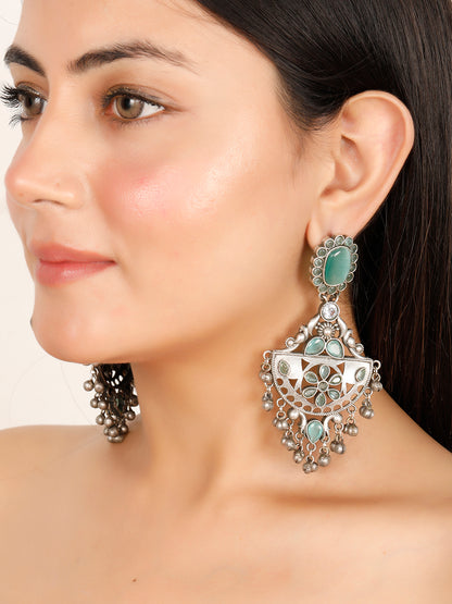 VIVAZS Silver-Plated Peacock Shaped Contemporary Drop Gungaroo Chandbali Earrings