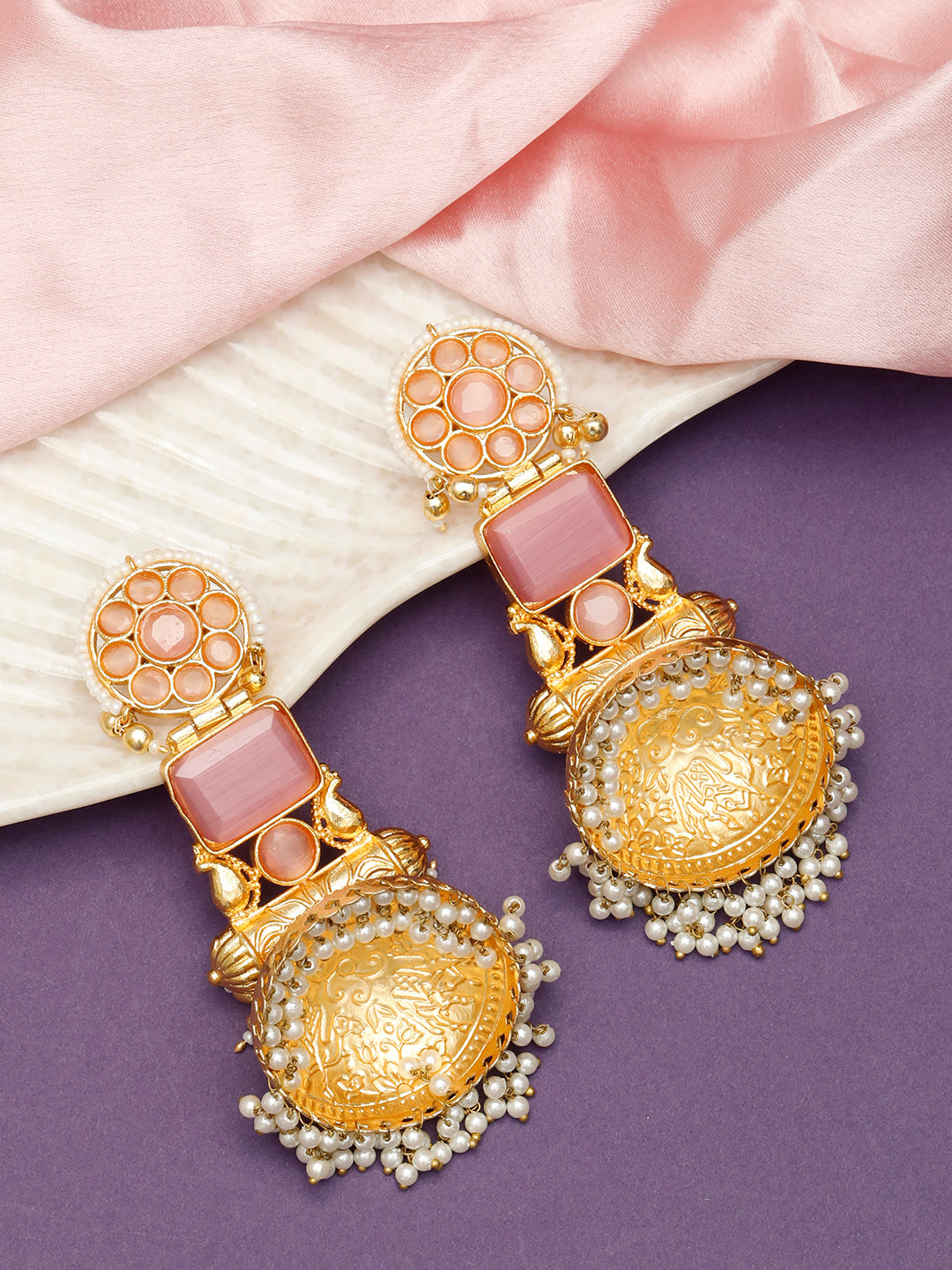 VIVAZS Handmade Gold Plated Long Pink Jhumka Earrings | Contemporary