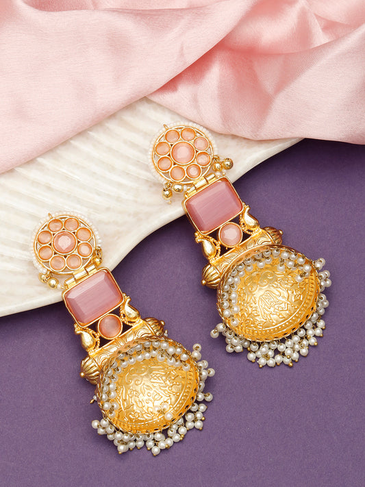 VIVAZS Handmade Gold Plated Long Pink Jhumka Earrings | Contemporary