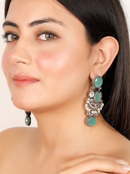 VIVAZS Silver-Plated Kundan Studded & Contemporary Oxidised Dangle Drop Earrings