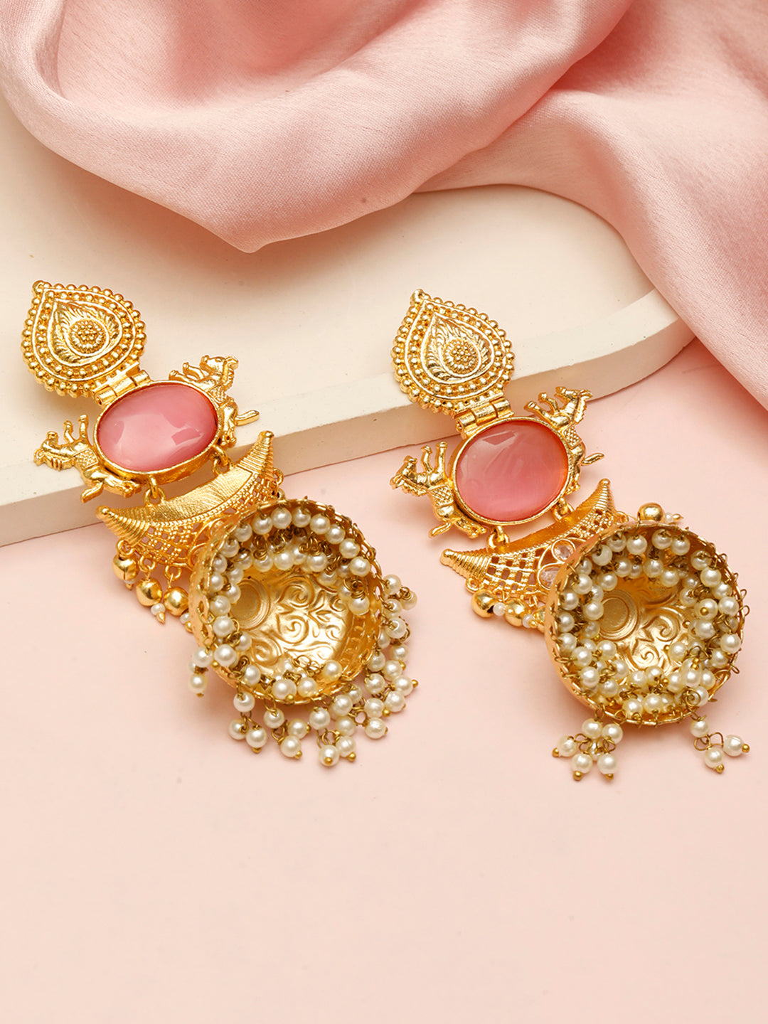 VIVAZS Pink Gold-Plated Stones Studded & Beaded Dome-Shaped Jhumkas