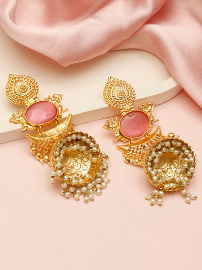 VIVAZS Pink Gold-Plated Stones Studded & Beaded Dome-Shaped Jhumkas