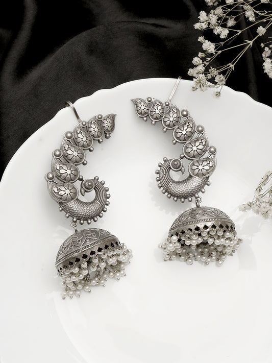 Silver-Plated Peacock Ear-Cuff Jhumka Earrings with Ghungroo Dome Drop