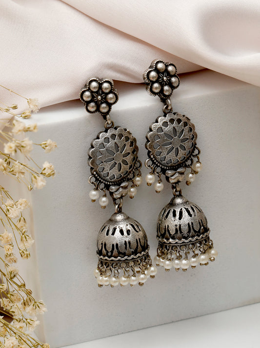 VIVAZS Women Oxidized Silver Traditional Contemporary Jhumkas Earring
