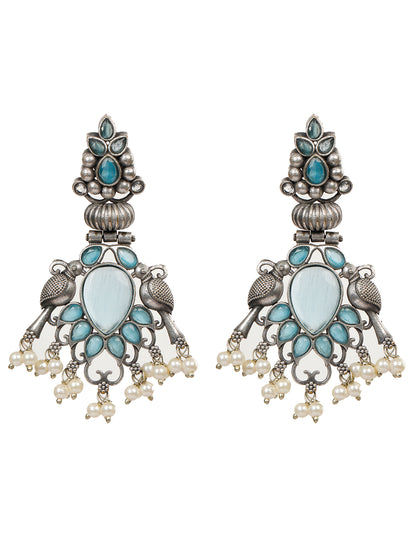 VIVAZS Silver-Plated Peacock Shaped Contemporary Drop Earrings