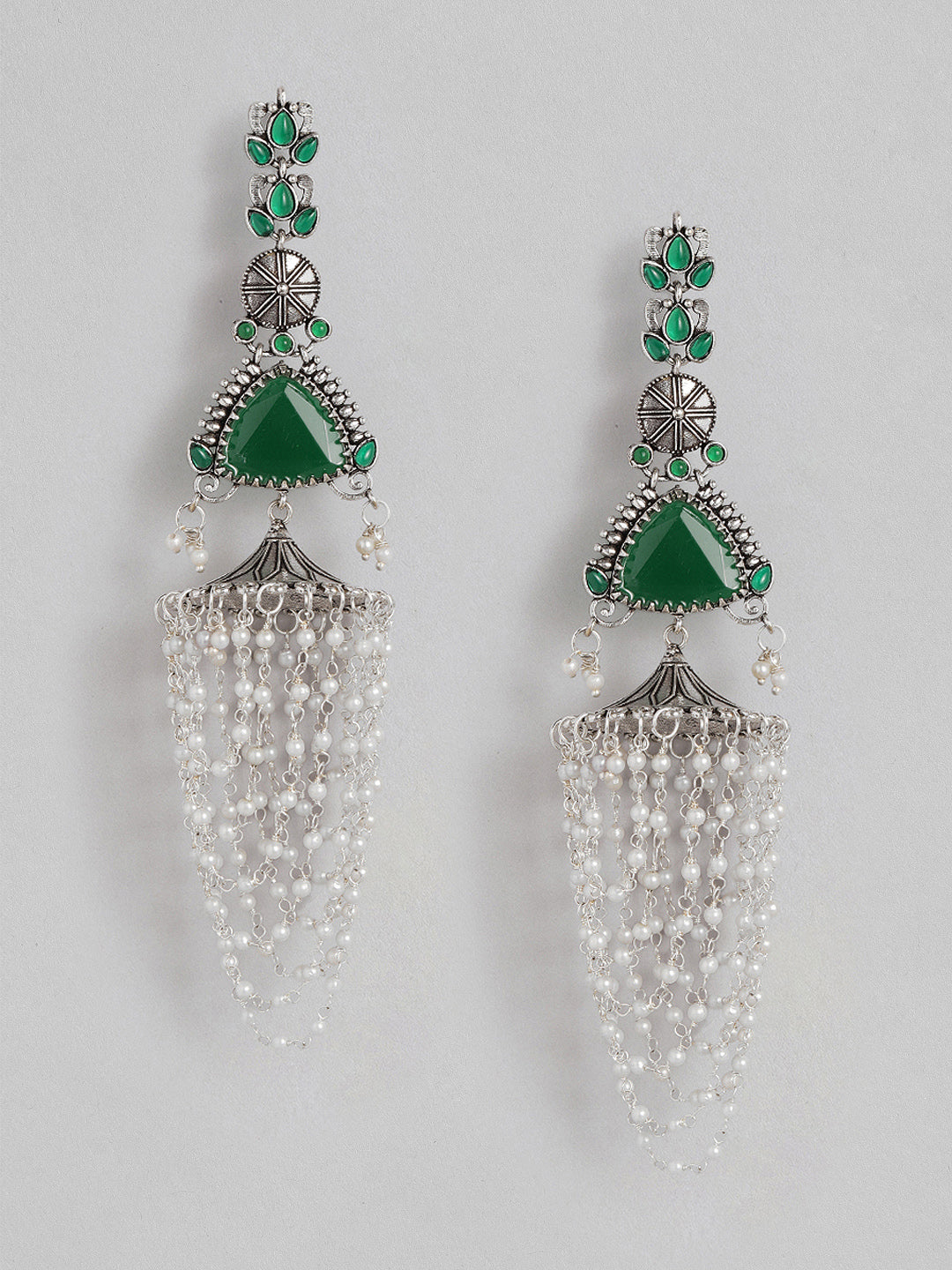 VIVAZS Green Contemporary Silver-Plated Jhumka Earrings