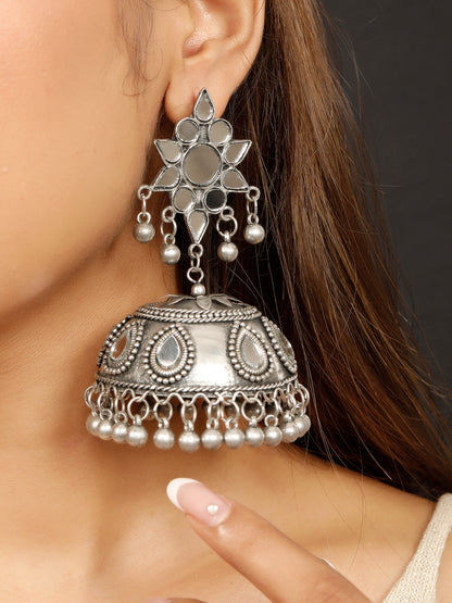 VIVAZS Women Oxidized Silver Plated mirror Contemporary Jhumkas Earring
