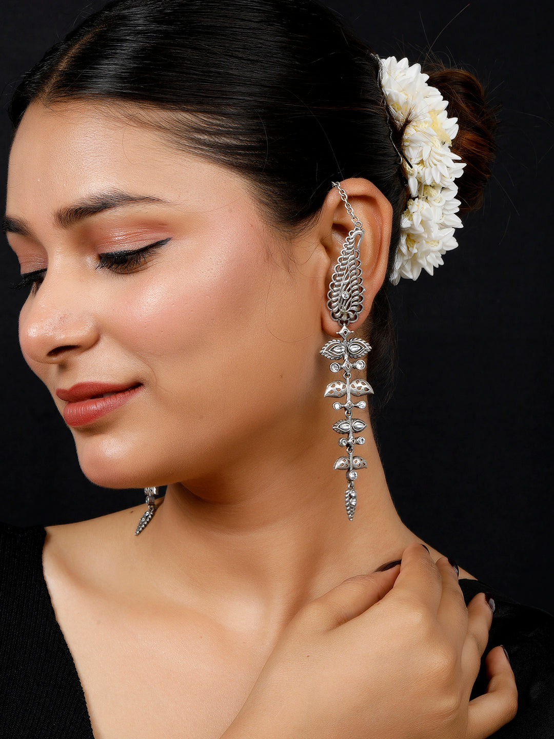 VIVAZS Silver Plated Oxidised Contemporary Drop Earrings