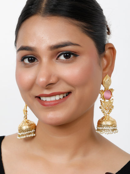 VIVAZS Pink Gold-Plated Stones Studded & Beaded Dome-Shaped Jhumkas