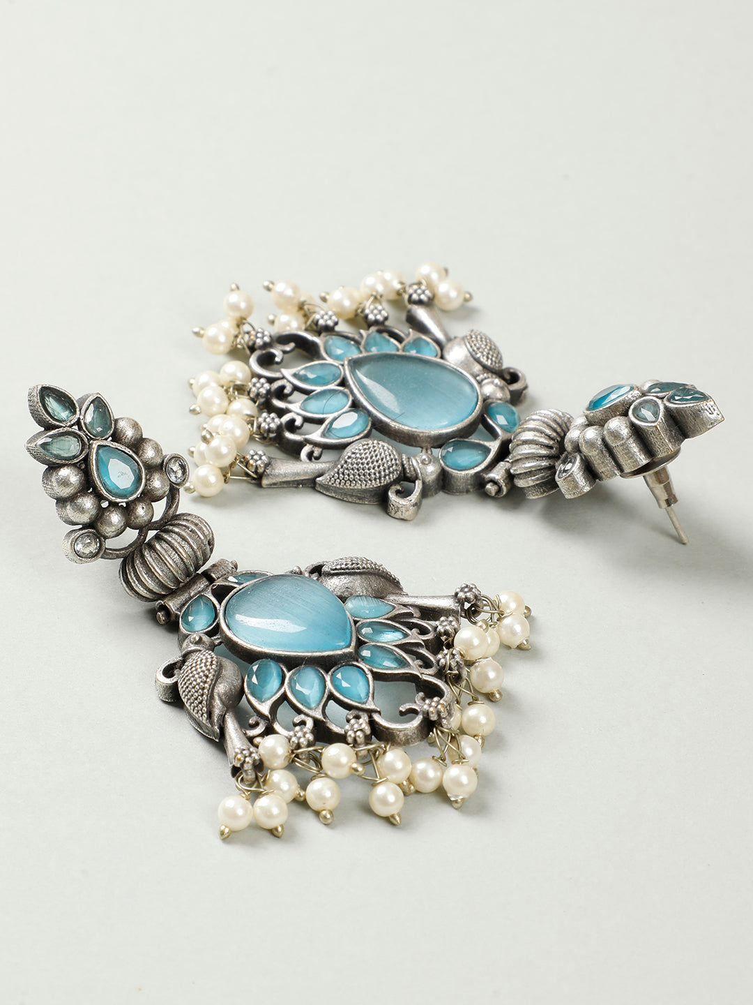 VIVAZS Silver-Plated Peacock Shaped Contemporary Drop Earrings