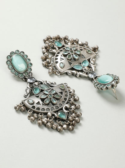 VIVAZS Silver-Plated Peacock Shaped Contemporary Drop Gungaroo Chandbali Earrings