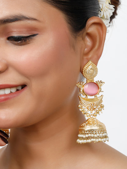 VIVAZS Pink Gold-Plated Stones Studded & Beaded Dome-Shaped Jhumkas