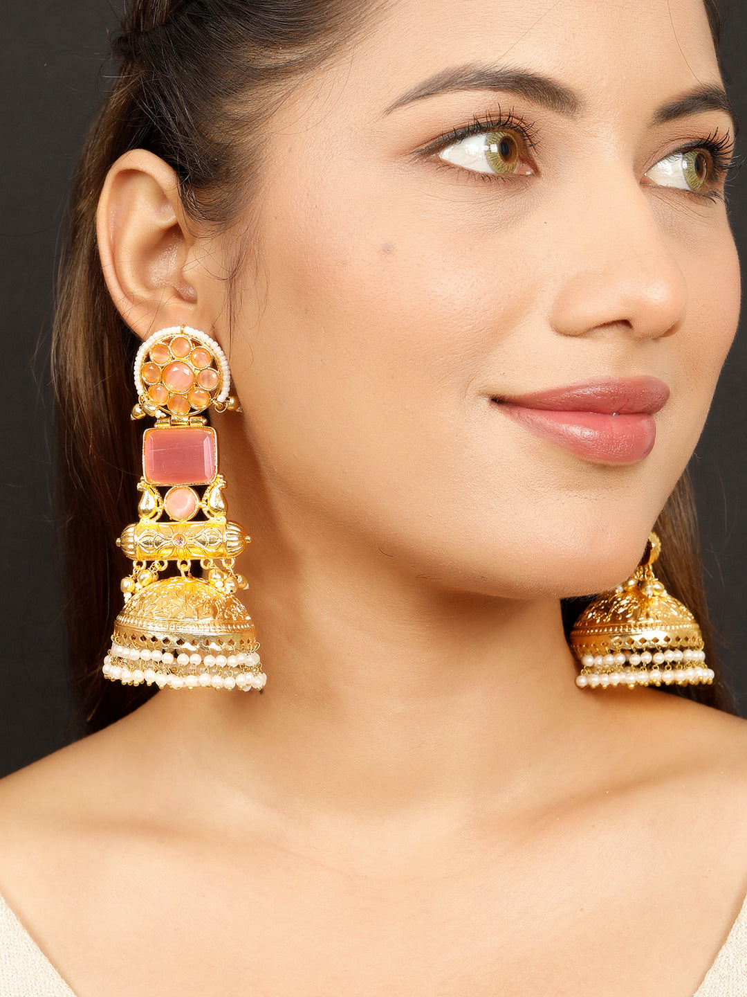 VIVAZS Handmade Gold Plated Long Pink Jhumka Earrings | Contemporary