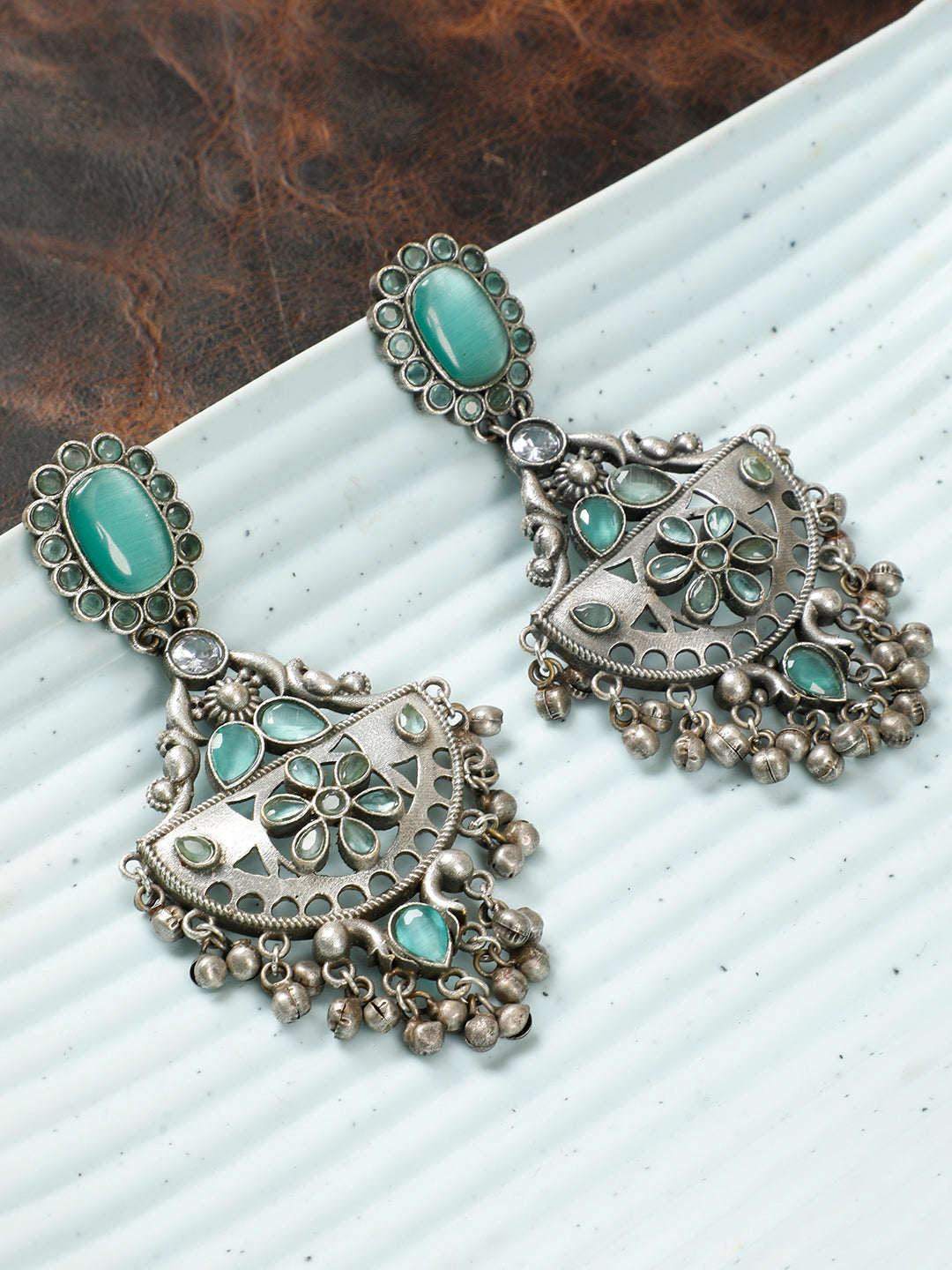 VIVAZS Silver-Plated Peacock Shaped Contemporary Drop Gungaroo Chandbali Earrings